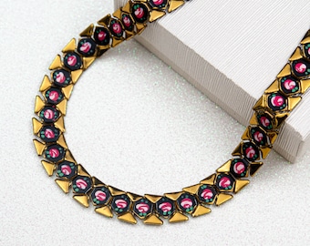 Vintage gold chunky choker with pink rose Black enamel hexagon necklace Hand painted choker necklace