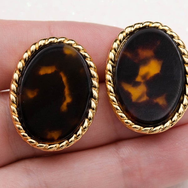 Vintage Napier tortoise shell earrings Gold non pierced earrings Oval lucite earrings