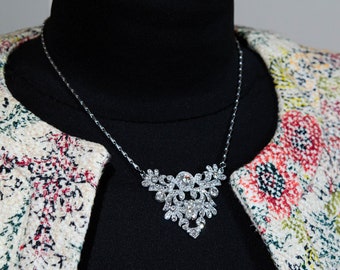 Vintage silver bib statement necklace Art deco choker Floral icy necklace April birthstone