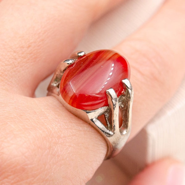 Vintage red agate ring for women Silver dome ring with stone Sacral chakra ring