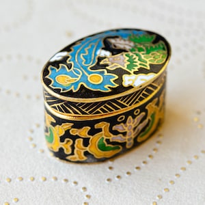 Vintage Chinese phoenix pill box Gold tiny pill case Petite black cloisonne enamel trinket box Grandma gift