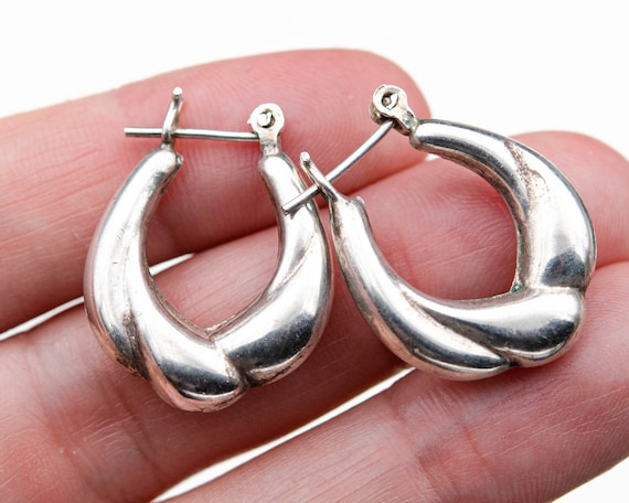 Vintage silver basket hoop earrings Shrimp earrin… - image 1