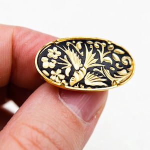 Vintage Spanish Damascene brooch Oval tiny gold bird pin Spanish mom gift