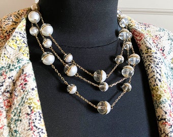 Vintage multi strand bubble necklace Faux mabe pearl necklace White pearl station necklace Three strand choker