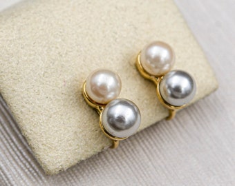 Vintage Crown Trifari earrings Two tone pearl earrings Gold non pierced earrings