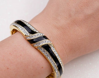 Vintage Swarovski Bangle Bracelet With Clear Crystal Black Enamel