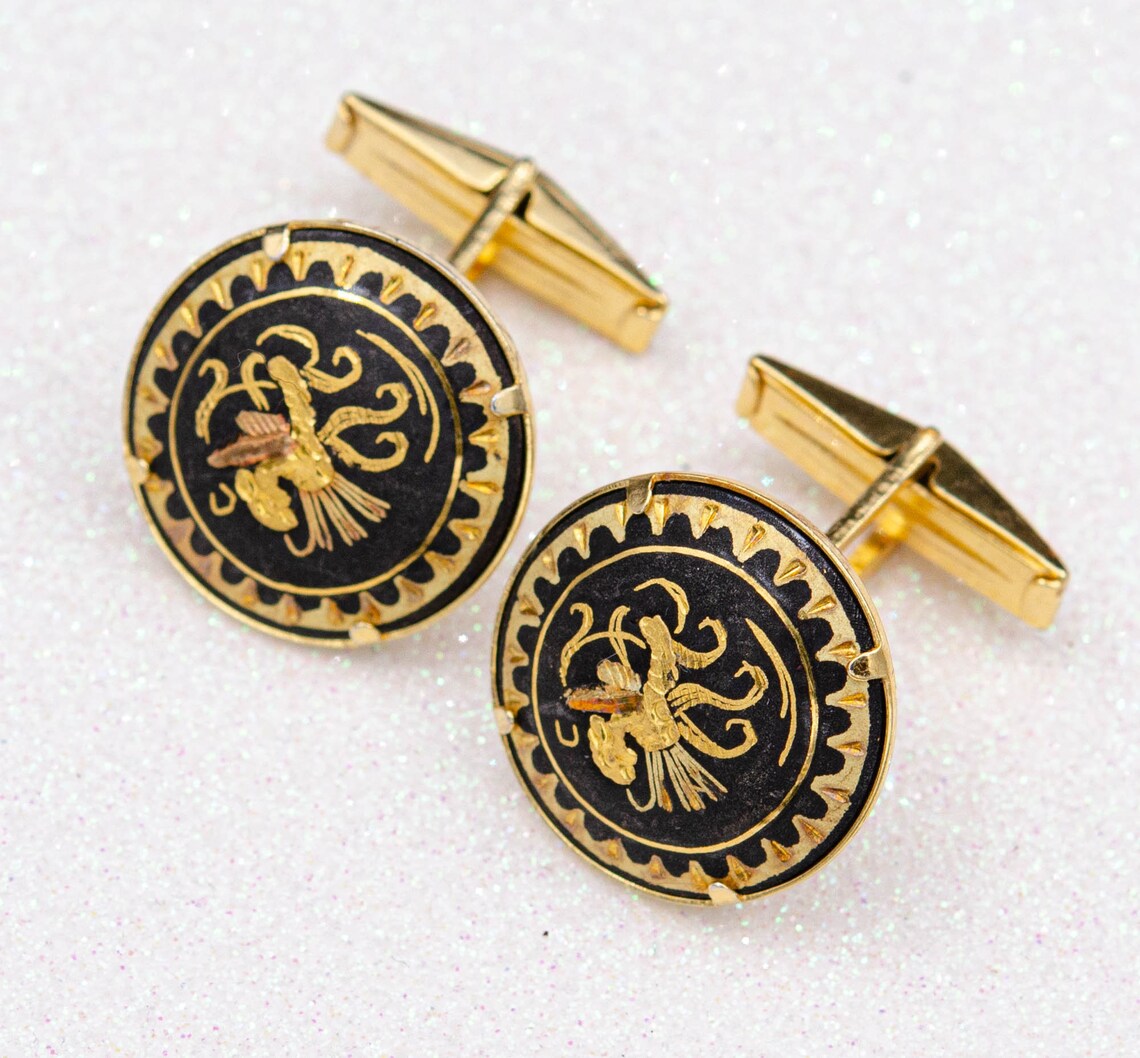 Vintage spanish damascene cufflinks Gold round cuff links Etsy