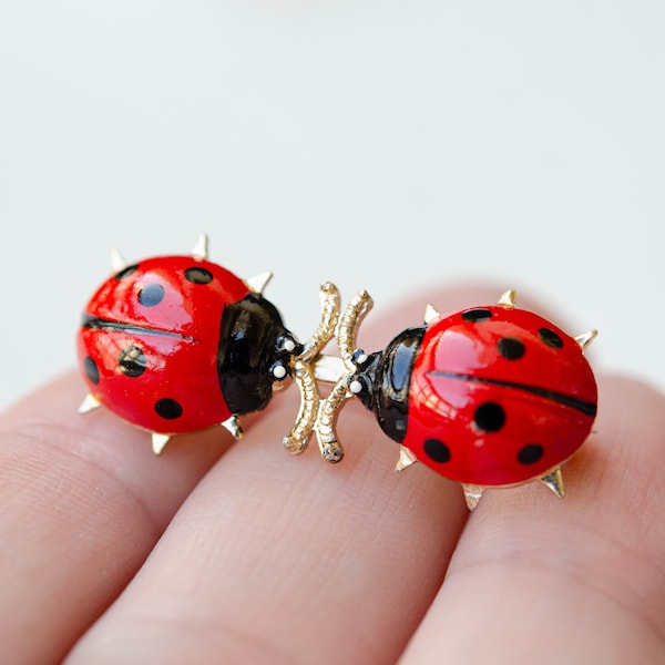 Vintage kissing two ladybug brooch Red enamel insect pin Lucky ladybird brooch