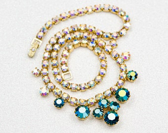 Vintage blue aurora borealis necklace Regency bib necklace Glamour sparkly choker 16 inch