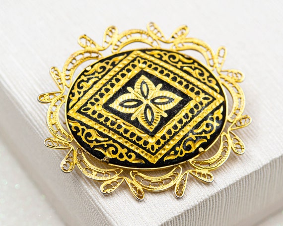 Vintage Spanish Damascene brooch Gold geometric f… - image 6