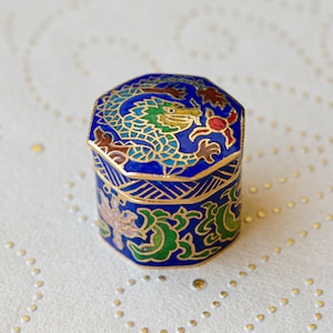 Vintage Chinese dragon pill box Gold tiny pill case Petite blue cloisonne enamel trinket box Grandma gift