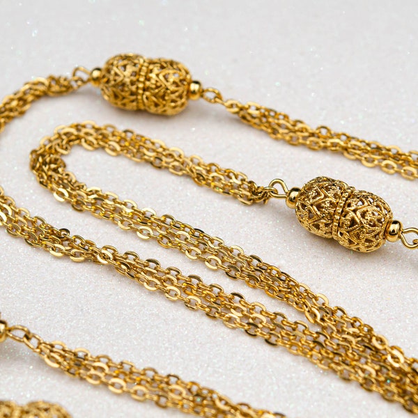 Vintage Monet long chain necklace Gold flapper necklace Multichain necklace