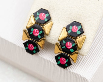 Vintage gold chunky chain earrings with pink roses Black enamel hexagon screw back earrings Non pierced earrings