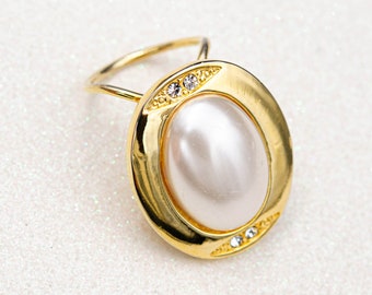 Vintage Aconda ivory pearl scarf ring clip Oval gold scarf holder with clear crystals June birthstone