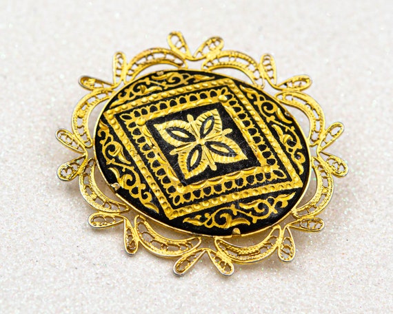Vintage Spanish Damascene brooch Gold geometric f… - image 4
