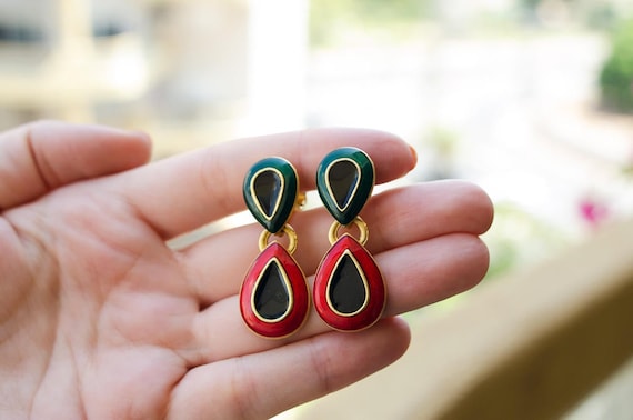 Long enamel earrings Xmas earrings Non pierced ear