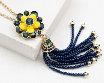 Vintage Talbots necklace Yellow flower extra long necklace Navy blue bead tassel necklace