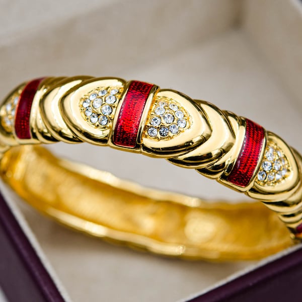 Vintage gold Joan Rivers bracelet Ruby red enamel bangle Clear crystal chevron bracelet April birthstone