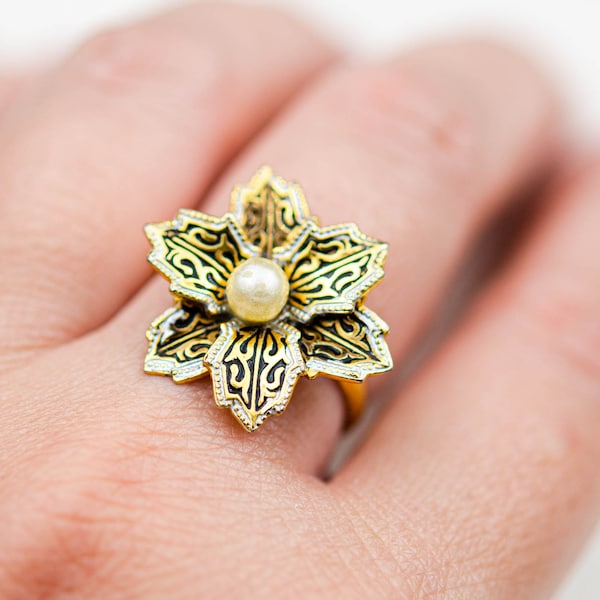 Vintage Spanish Damascene ring Fall flower adjustable ring with ivory pearl Spanish mom gift