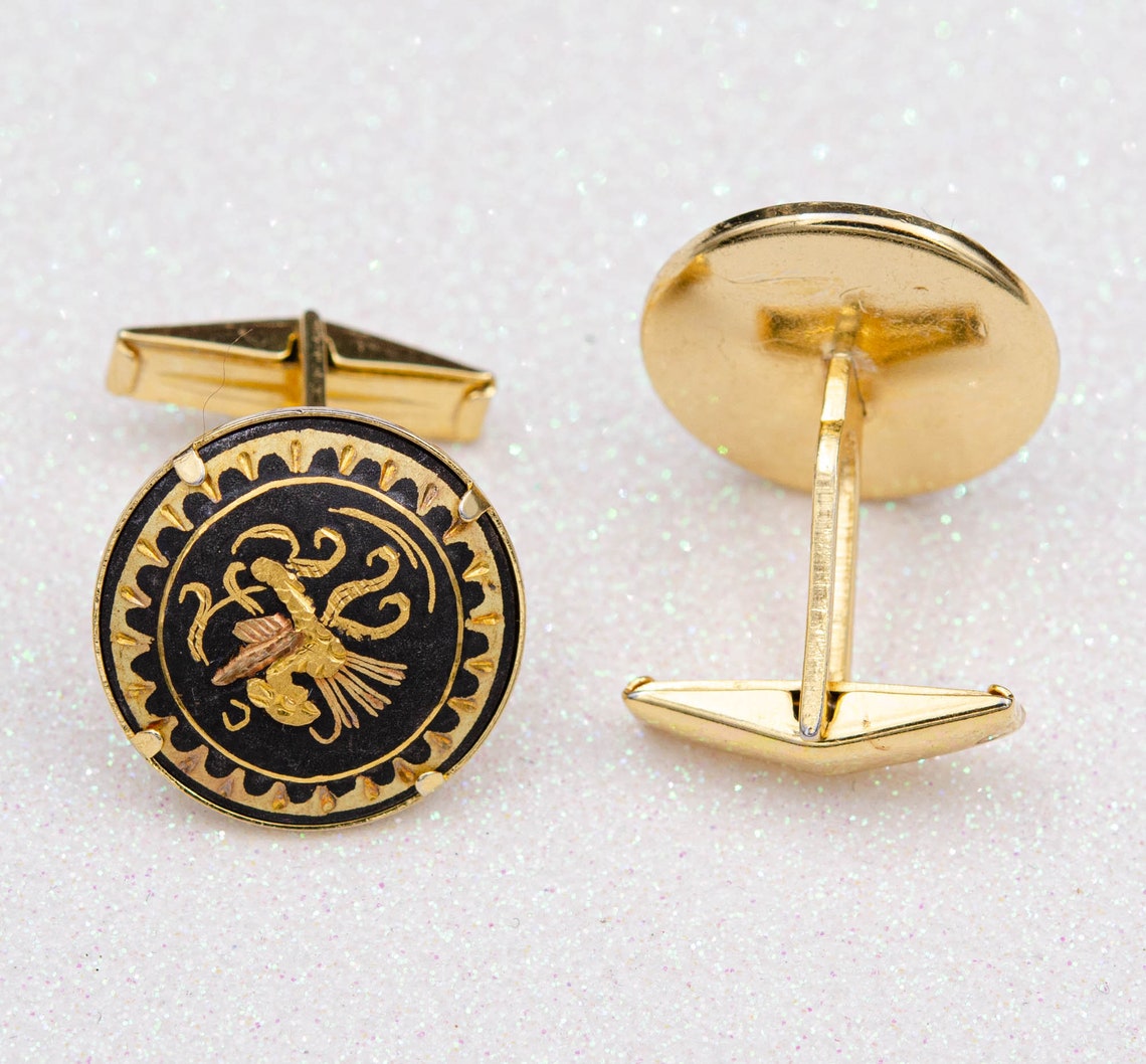 Vintage spanish damascene cufflinks Gold round cuff links Etsy