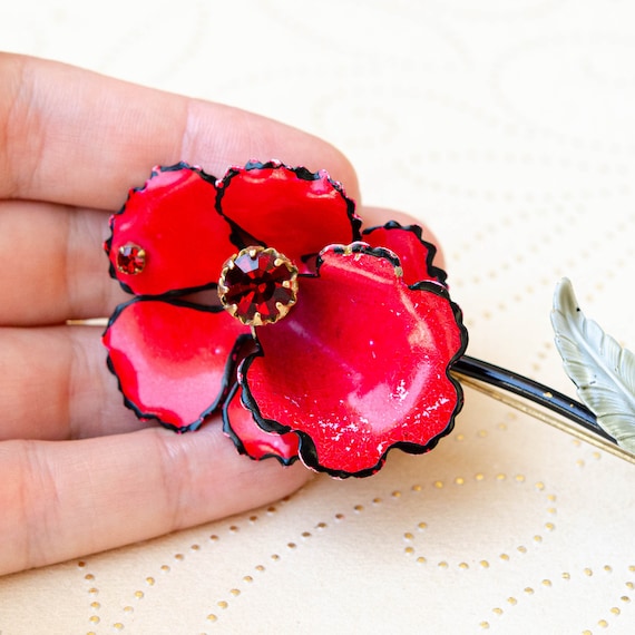 Vintage Francois Brooch Red Orchid Brooch Enamel Flower Stem