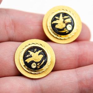 Vintage Spanish Damascene earrings Gold swallow bird earrings Medallion non pierced earrings Spanish mom gift