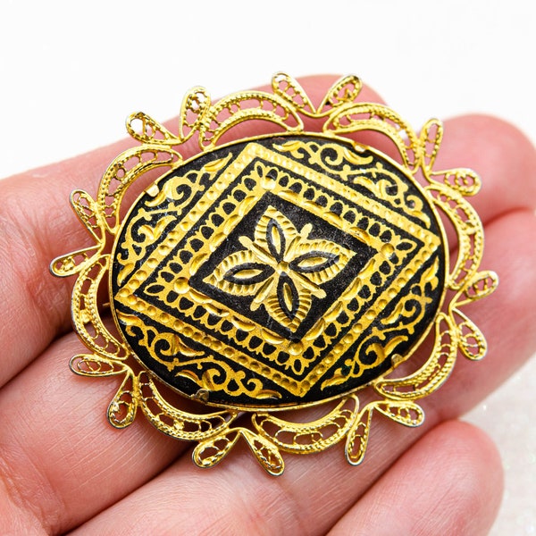 Vintage Spanish Damascene brooch Gold geometric filigree brooch Spanish mom gift