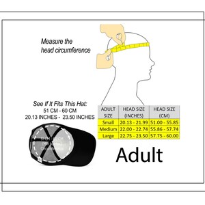 Puede incluir: Un diagrama que muestra c&oacute;mo medir la circunferencia de la cabeza para un sombrero. El diagrama muestra la cabeza de una persona con una cinta m&eacute;trica alrededor. El texto dice "Medir la circunferencia de la cabeza". Una tabla muestra los tama&ntilde;os de sombreros para adultos en pulgadas y cent&iacute;metros. El texto dice "Ver si este sombrero te queda: 51 CM - 60 CM, 20.13 PULGADAS - 23.50 PULGADAS".
