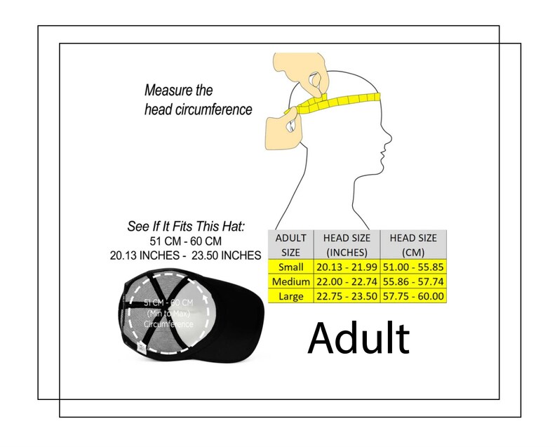 Puede incluir: Un diagrama que muestra c&oacute;mo medir la circunferencia de la cabeza para un sombrero. El diagrama muestra la cabeza de una persona con una cinta m&eacute;trica alrededor. El texto dice "Medir la circunferencia de la cabeza". Una tabla muestra los tama&ntilde;os de sombreros para adultos en pulgadas y cent&iacute;metros. El texto dice "Ver si este sombrero te queda: 51 CM - 60 CM, 20.13 PULGADAS - 23.50 PULGADAS".