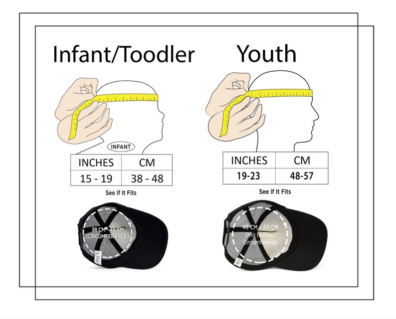 Puede incluir: Un gr&aacute;fico que muestra la gu&iacute;a de tallas para sombreros de beb&eacute;s/ni&ntilde;os peque&ntilde;os y j&oacute;venes. El gr&aacute;fico muestra la circunferencia de la cabeza en pulgadas y cent&iacute;metros. El gr&aacute;fico tambi&eacute;n muestra una imagen de un sombrero con la medida de la circunferencia.