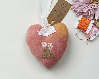 Daisy Lavender Filled Heart Decoration | Hand Embroidered | Flowers | Gift | Wall hanging