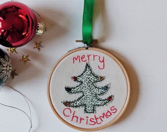 Merry Christmas Tree Hoop Art | Hand Embroidered | Applique | Beads | Christmas | Gift | Wall Art | Home Decor | Tree Decor