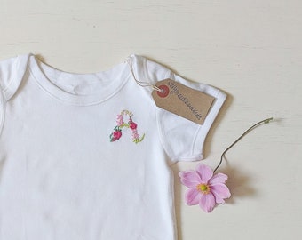 Custom Floral Letter Baby Vest | Hand Embroidered | Short Sleeve | Baby grow | Personalised | Initial | Christening | New Born | Gift