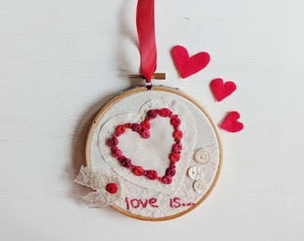 Rose Heart 'Love is'  Hoop Art | Hand Embroidered | Applique | Floral Embroidery | Heart | Valentines | Wall Art | Wall Hanging | Gift