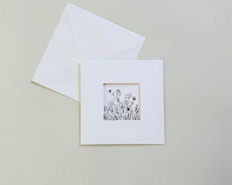 Hand Drawn Floral Greetings Card | Handmade Card | Monochrome | Blank Card | Flowers | Gift