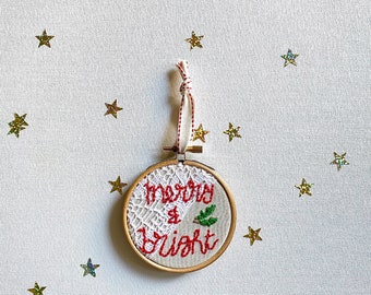 Merry and Bright Christmas Hoop Art | Hand Embroidered |hanging decoration | Gift |Wall Art| Home Decor | Tree Decoration | Bauble