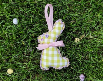 Rabbit with Bow decoration| Bunny | Easter | Spring | Hand stitched| hanging loop| Plushie | Stuffed Animal | Decor | Gift |