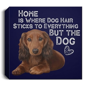以下が含まれることがあります： 濃い青色の背景に、白い文字で「Home is where dog hair sticks to everything but the dog」と書かれた、茶色のダックスフントの犬。白いハートが描かれている。