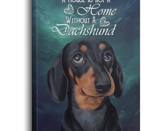 Puede incluir: Un perro Dachshund negro y marrón con grandes ojos marrones mira a la cámara. El fondo es una acuarela azul y verde. El texto dice "Una casa no es un hogar sin un Dachshund".