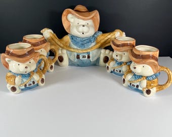 Juego de té vintage de vaquero con osito de peluche