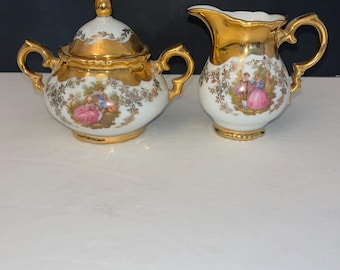 Juego de cremera y azucarero Regnitzlosau de Kunst-Palette vintage con detalles en oro de 22 quilates