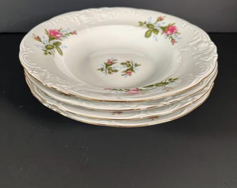 Juego de 4 cuencos vintage de la colección Royal Kent, Polonia, con borde dorado y acabado en color rosa musgo.