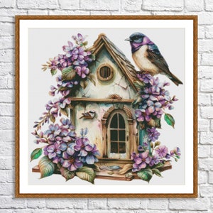 Vintage Bird House Cross Stitch Pattern Birds on a branch Spring Bird Xstitch Pattern Animal Embroidery Flowers Hand Needlepoint Chart PDF