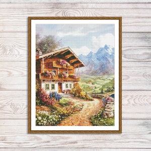 Charming cottage Counted Cross Stitch Pattern Village House Summer landscape Hand Embroidery Needlepoint Chart Cottage Pattern PDF