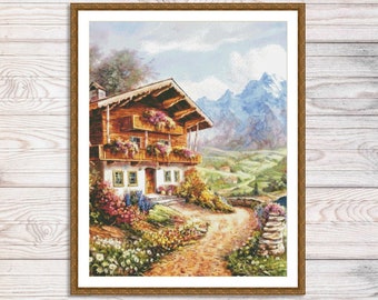Charming cottage Counted Cross Stitch Pattern Village House Summer landscape Hand Embroidery Needlepoint Chart Cottage Pattern PDF