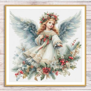 Patrón de punto de cruz de ángel de Navidad, ángel de invierno, niña, muñeco de nieve, patrón de decoración de árbol de Navidad, gráfico de bordado a mano