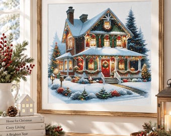 Christmas House Counted Cross Stitch Pattern Christmas Tree Winter Landscape Holidays Hand Embroidery Needlepoint Chart Cottage PDF