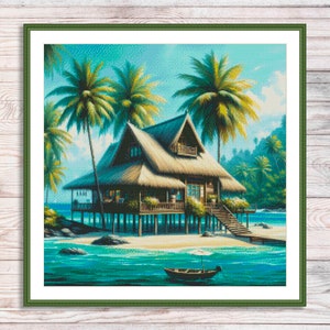 Beach Houses Counted Cross Stitch Pattern Bungalow Palms Seashore Waves Summer Beach Landscape Pattern Hand Embroidery Needlepoint chart