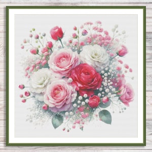 Boeket rozen geteld kruissteekpatroon Vintage bloemenborduurwerk Digitaal patroon PDF Rode rozen borduren borduurpatroon