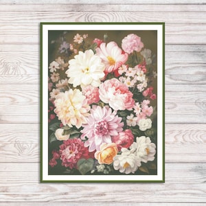 Zomerboeket geteld kruissteekpatroon Boeket rozen Vintage digitaal bloemenpatroon Roze rozen borduren borduurpatroon downloaden